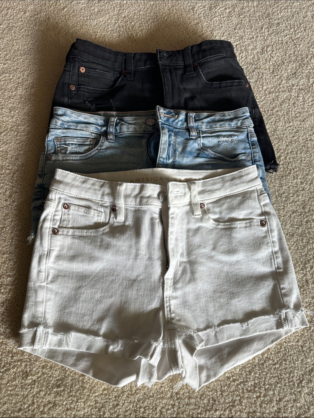 American Eagle Outfitters Denim Shorts Trio - White, Light Blue, Black